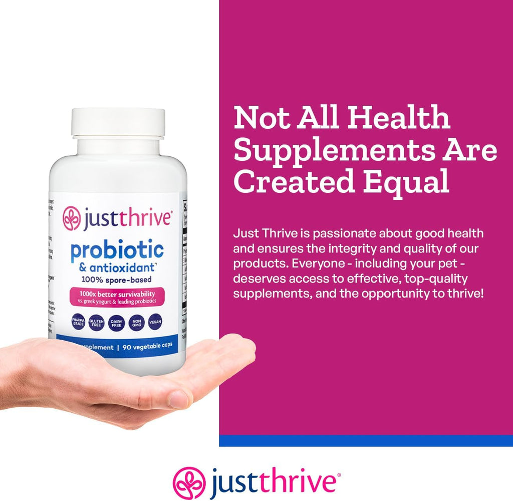 Just Thrive Probiotic & Antioxidant 100% Spore-Based Digestive Support | 90 capsules, 100% spore-based probiotic and antioxidant formula, Gluten free, Supports digestive and immune health