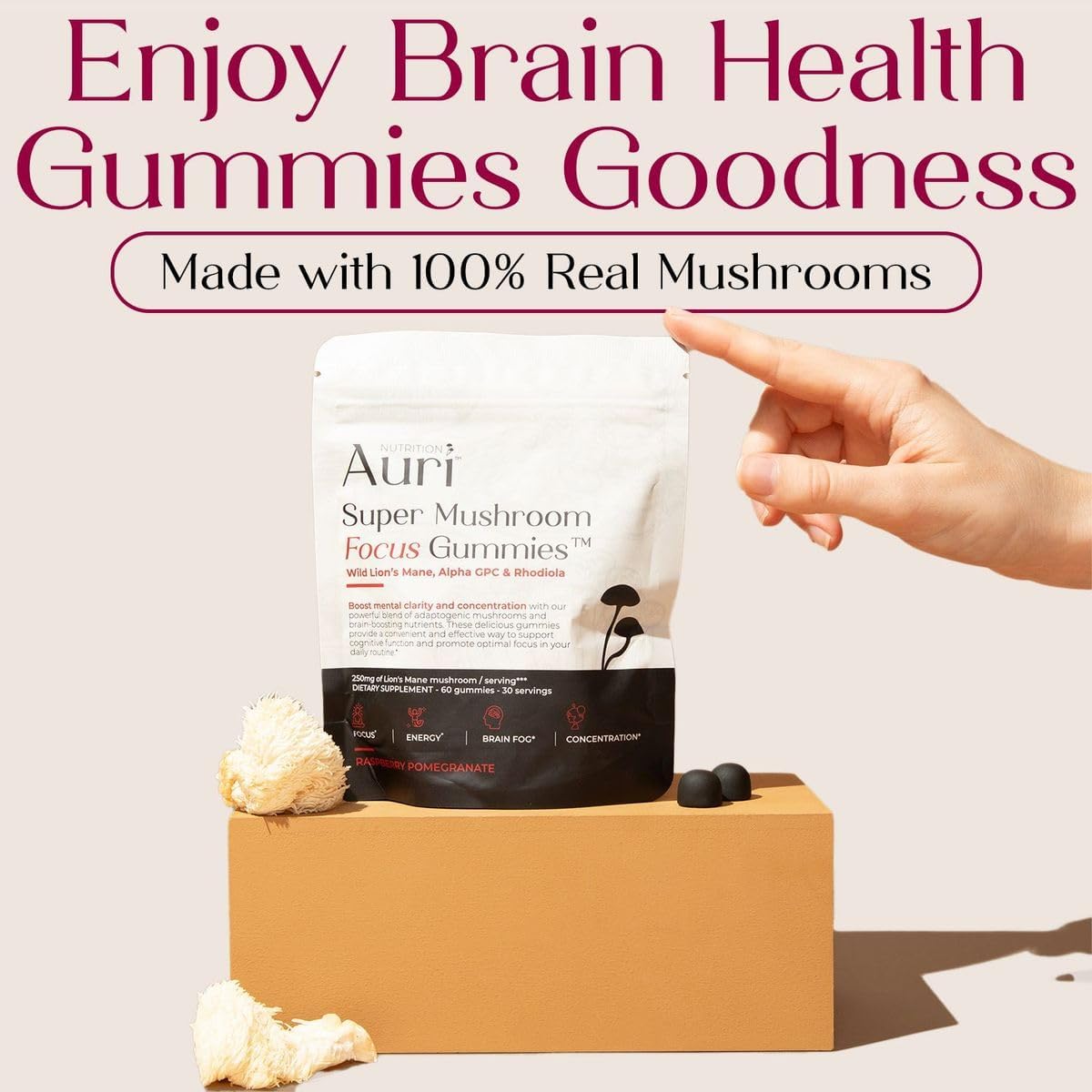 Auri Nutrition Super Mushroom Focus Gummies w/Lion's Mane, Alpha GPC & Rhodiola – Mushroom Supplement to Support Cognitive Function, Mental Clarity, Focus & Energy, 60 Gummies, Vegan Friendly, Non GMO