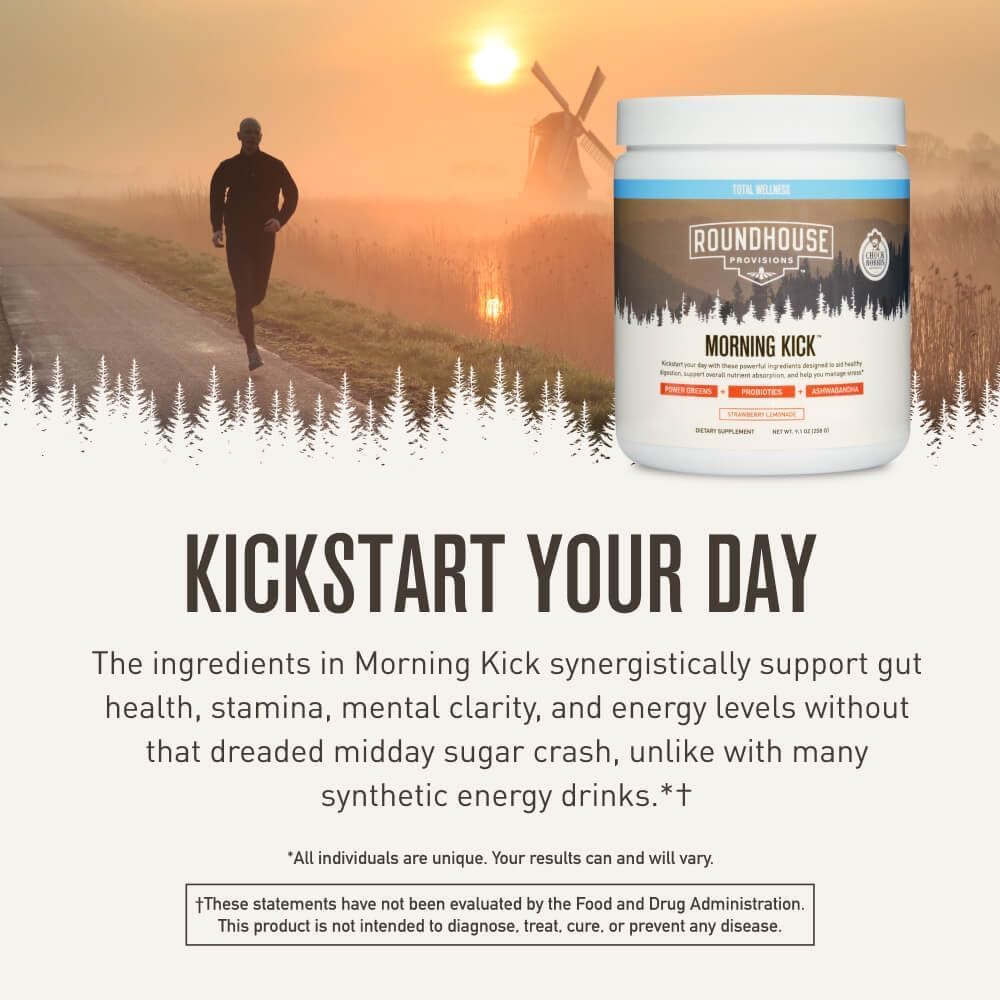 ROUNDHOUSE PROVISION Morning Kick, Zero Sugar Greens Superfood Powder Supplement with Ashwagandha, Collagen, Probiotics, Debloat Drink, 30 Servings (Strawberry Lemonade) by Chuck Norris