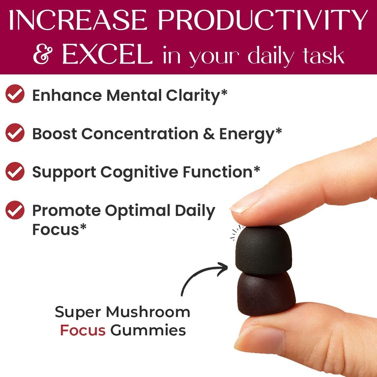 Auri Nutrition Super Mushroom Focus Gummies w/Lion's Mane, Alpha GPC & Rhodiola – Mushroom Supplement to Support Cognitive Function, Mental Clarity, Focus & Energy, 60 Gummies, Vegan Friendly, Non GMO