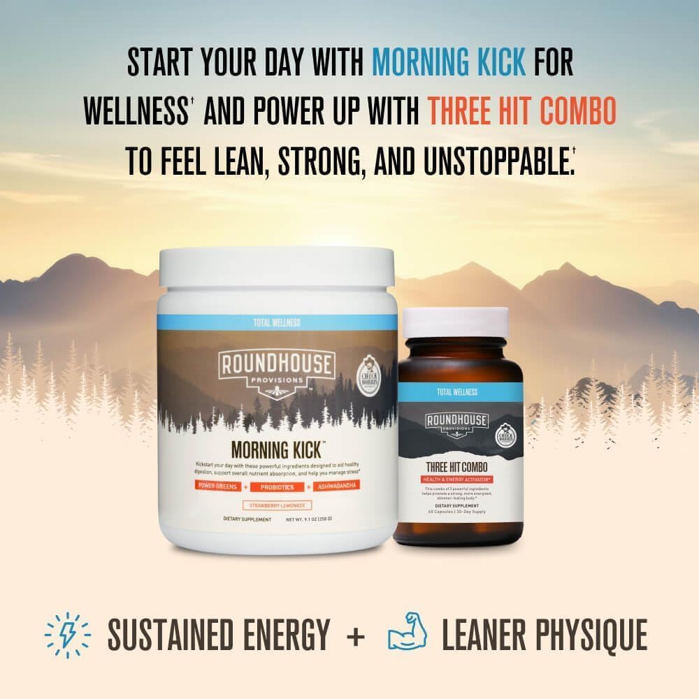 ROUNDHOUSE PROVISION Morning Kick, Zero Sugar Greens Superfood Powder Supplement with Ashwagandha, Collagen, Probiotics, Debloat Drink, 30 Servings (Strawberry Lemonade) by Chuck Norris