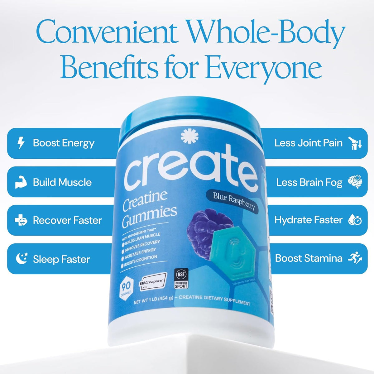 Create Creatine Monohydrate Gummies for Men & Women, Boost Focus, Strength, and Endurance, Anti-Melting Formula, Vegan, Gluten-Free, Non-GMO, 1.5g of Creatine per Gummy (Blue Raspberry)