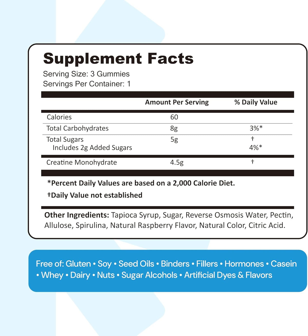 Create Creatine Monohydrate Gummies for Men & Women, Boost Focus, Strength, and Endurance, Anti-Melting Formula, Vegan, Gluten-Free, Non-GMO, 1.5g of Creatine per Gummy (Blue Raspberry)