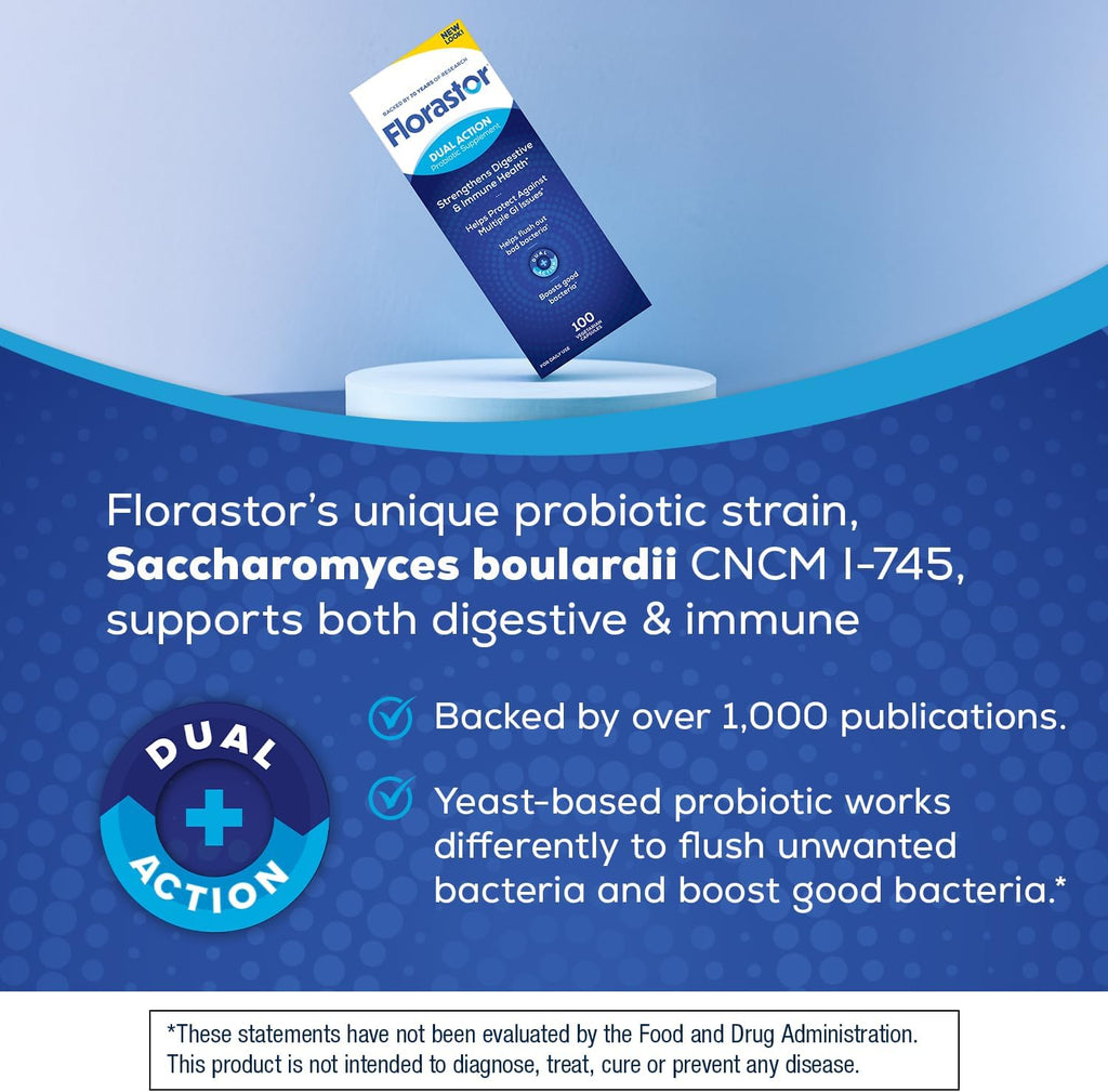 Florastor Probiotic for Digestive and Immune Health, 100 Capsules | Probiotics for Women & Men, Helps Flush Out Unwanted Bacteria, Boosts The Good with Our Unique Strain Saccharomyces Boulardii