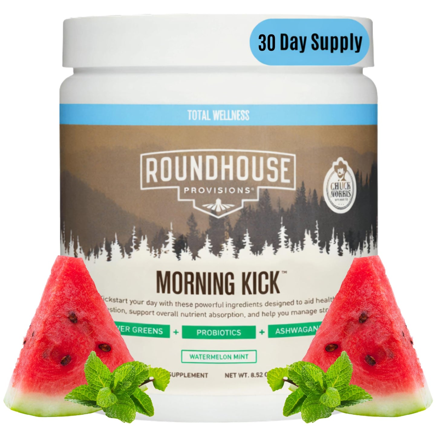ROUNDHOUSE PROVISION Morning Kick, Zero Sugar Greens Superfood Powder Supplement with Ashwagandha, Collagen, Probiotics, Debloat Drink, 30 Servings (Strawberry Lemonade) by Chuck Norris