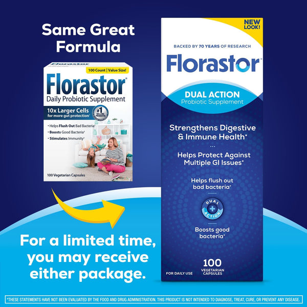 Florastor Probiotic for Digestive and Immune Health, 100 Capsules | Probiotics for Women & Men, Helps Flush Out Unwanted Bacteria, Boosts The Good with Our Unique Strain Saccharomyces Boulardii