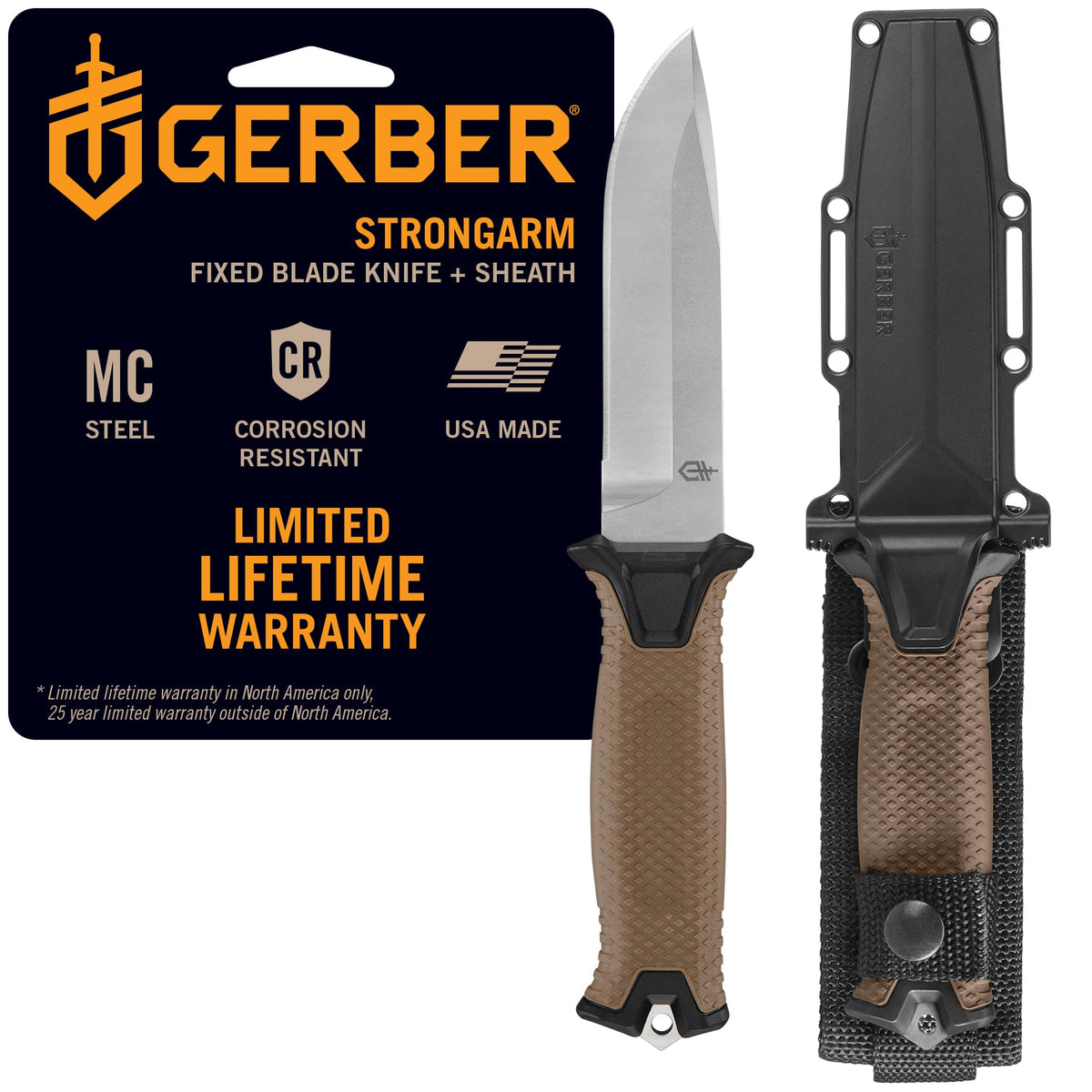 Gerber Gear StrongArm Knife - Fixed Blade - Tactical Knife for Survival Gear - Full Tang, 420HC Steel Blade - Camping Survival Knife - Made in USA - Plain edge, Coyote Brown