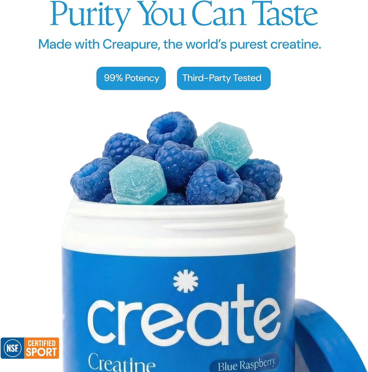 Create Creatine Monohydrate Gummies for Men & Women, Boost Focus, Strength, and Endurance, Anti-Melting Formula, Vegan, Gluten-Free, Non-GMO, 1.5g of Creatine per Gummy (Blue Raspberry)