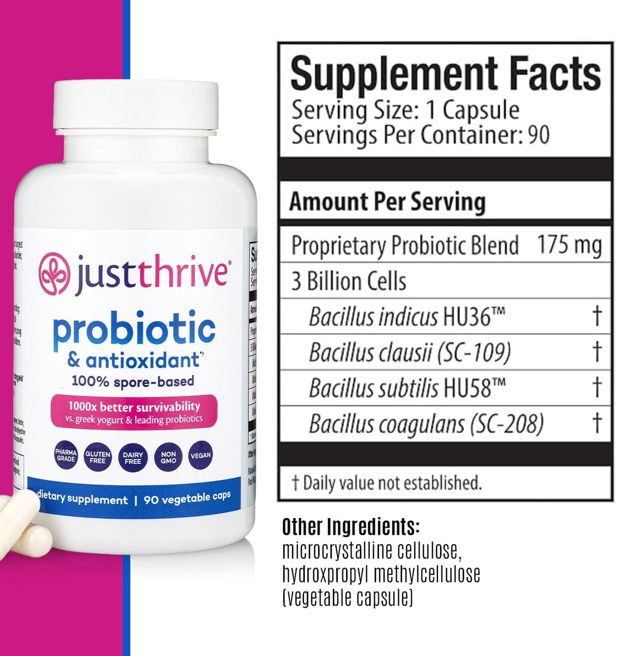 Just Thrive Probiotic & Antioxidant 100% Spore-Based Digestive Support | 90 capsules, 100% spore-based probiotic and antioxidant formula, Gluten free, Supports digestive and immune health
