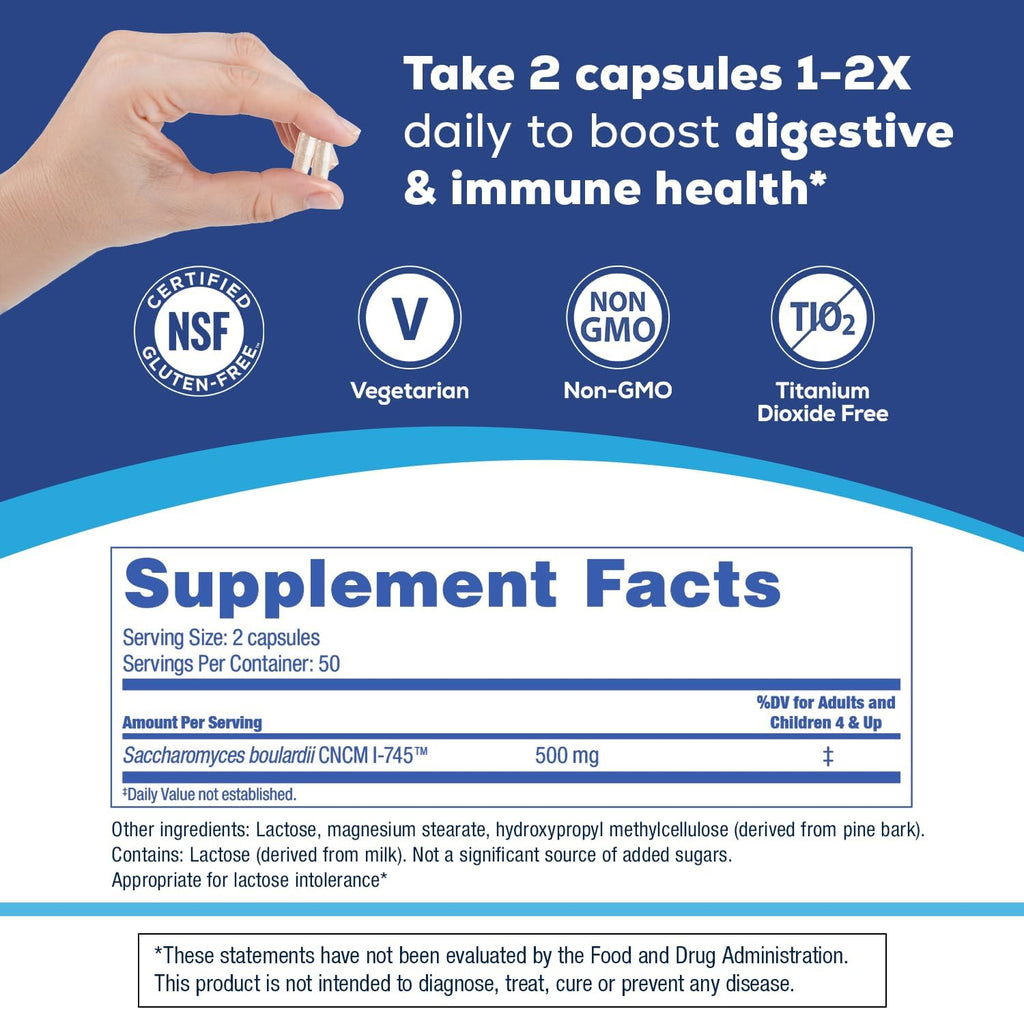 Florastor Probiotic for Digestive and Immune Health, 100 Capsules | Probiotics for Women & Men, Helps Flush Out Unwanted Bacteria, Boosts The Good with Our Unique Strain Saccharomyces Boulardii