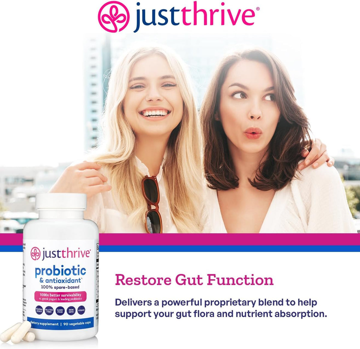 Just Thrive Probiotic & Antioxidant 100% Spore-Based Digestive Support | 90 capsules, 100% spore-based probiotic and antioxidant formula, Gluten free, Supports digestive and immune health