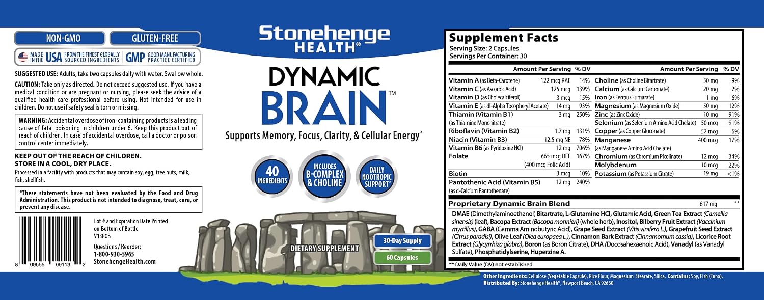 Stonehenge Health Dynamic Brain Supplement – Memory, Focus, & Clarity– Formulated with 40 Unique Nootropic Ingredients: Choline, Phosphatidylserine, Bacopa Monnieri, and Huperzine A