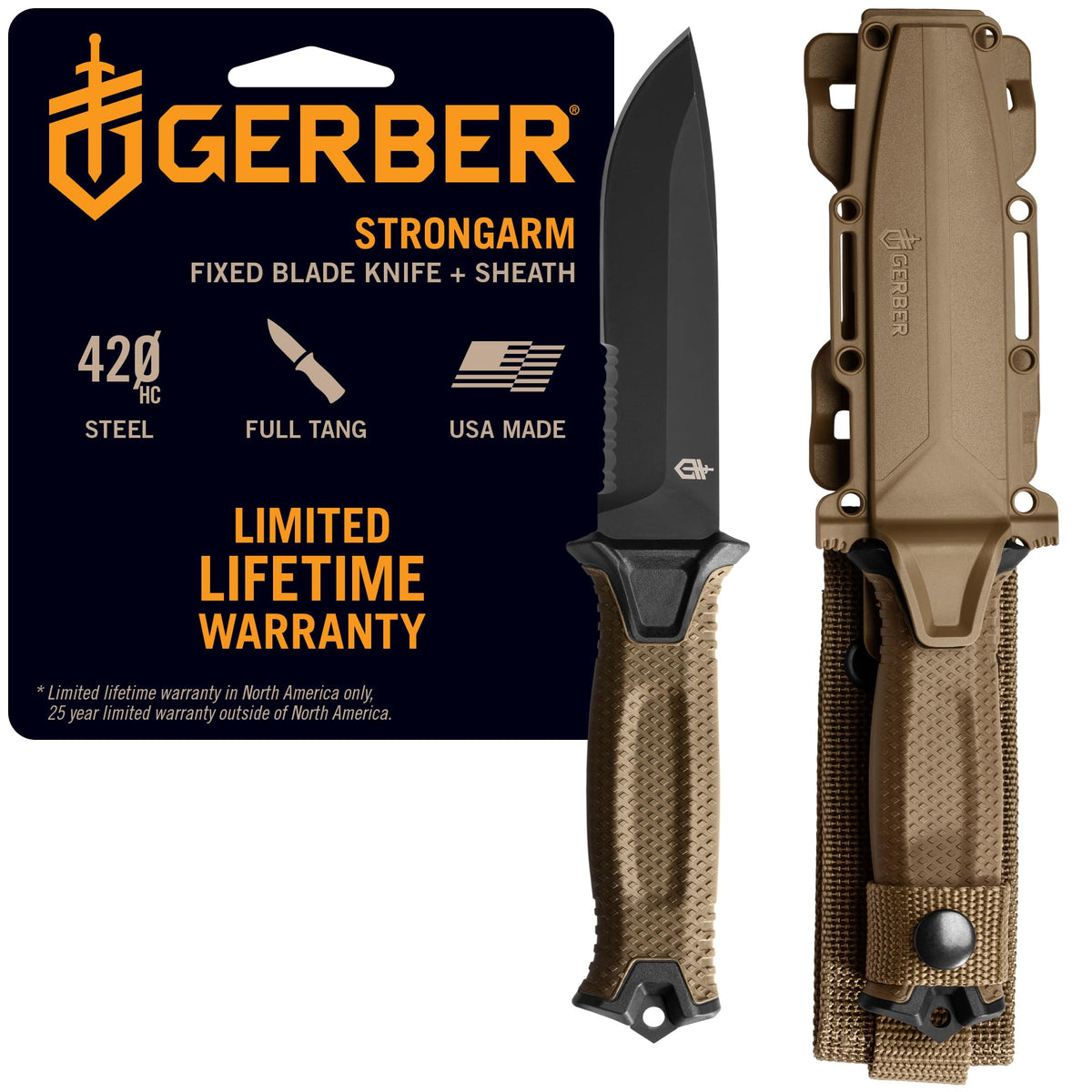 Gerber Gear StrongArm Knife - Fixed Blade - Tactical Knife for Survival Gear - Full Tang, 420HC Steel Blade - Camping Survival Knife - Made in USA - Plain edge, Coyote Brown