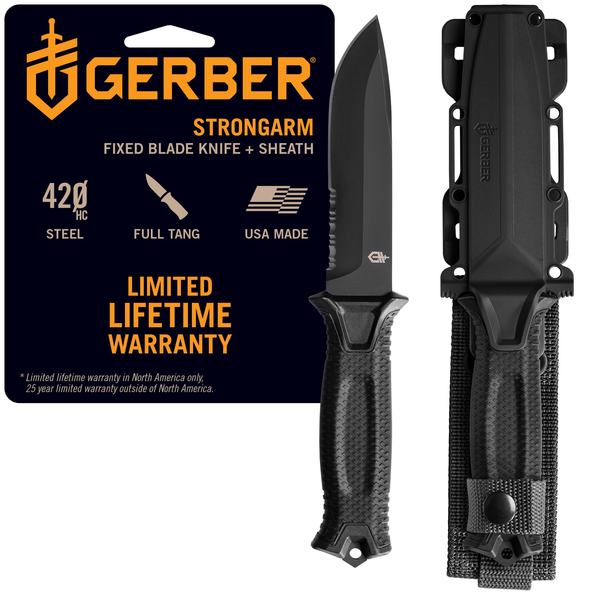 Gerber Gear StrongArm Knife - Fixed Blade - Tactical Knife for Survival Gear - Full Tang, 420HC Steel Blade - Camping Survival Knife - Made in USA - Plain edge, Coyote Brown