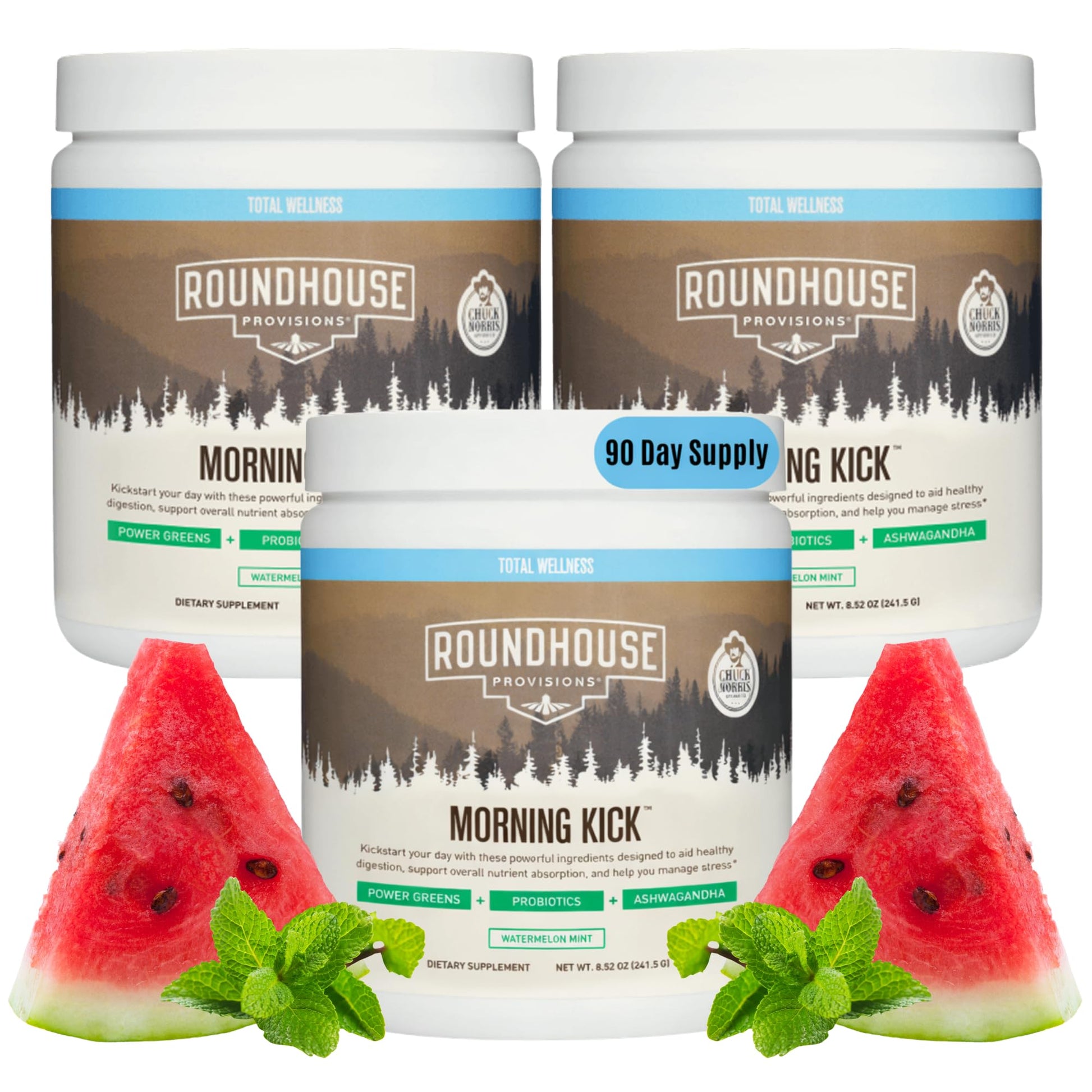 ROUNDHOUSE PROVISION Morning Kick, Zero Sugar Greens Superfood Powder Supplement with Ashwagandha, Collagen, Probiotics, Debloat Drink, 30 Servings (Strawberry Lemonade) by Chuck Norris