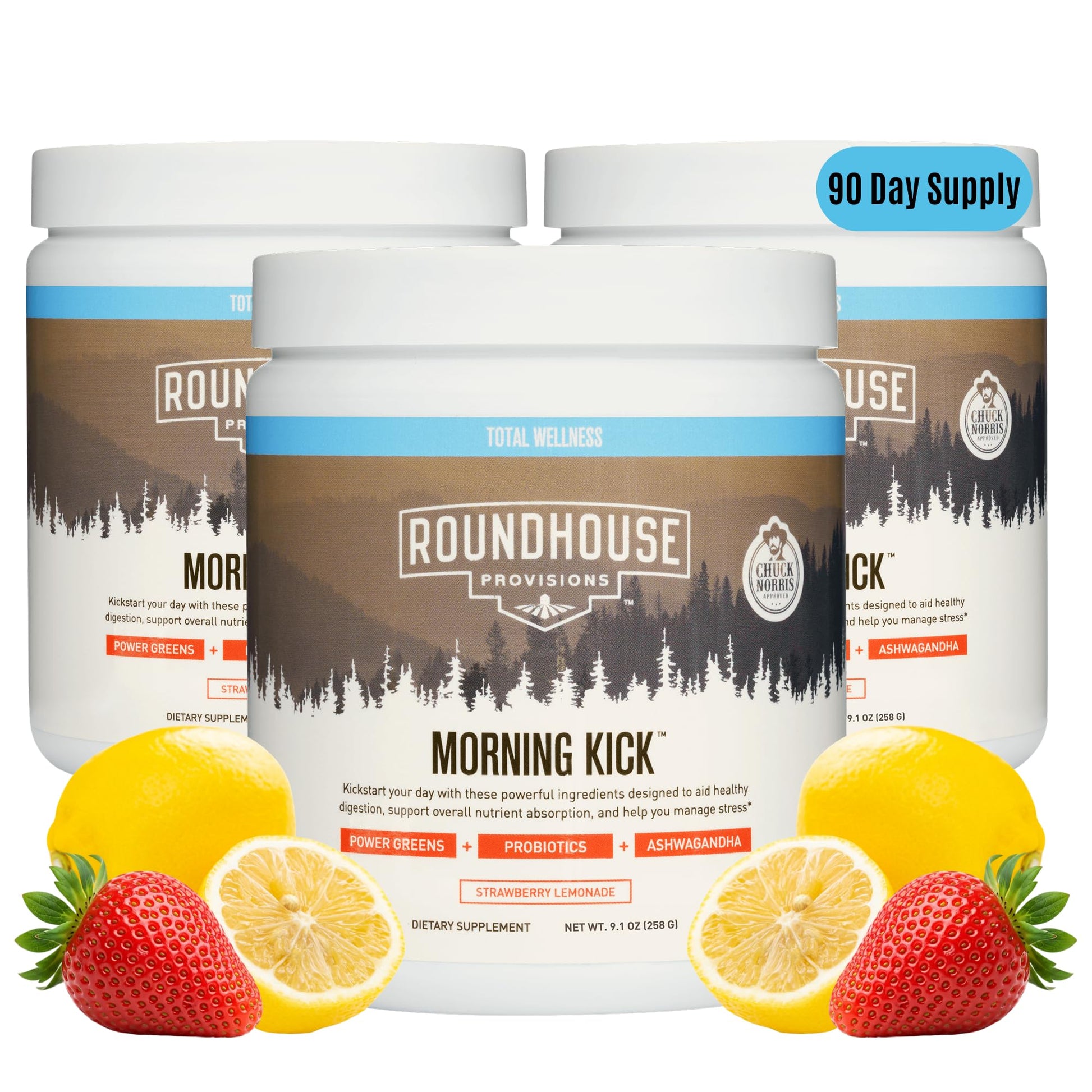 ROUNDHOUSE PROVISION Morning Kick, Zero Sugar Greens Superfood Powder Supplement with Ashwagandha, Collagen, Probiotics, Debloat Drink, 30 Servings (Strawberry Lemonade) by Chuck Norris